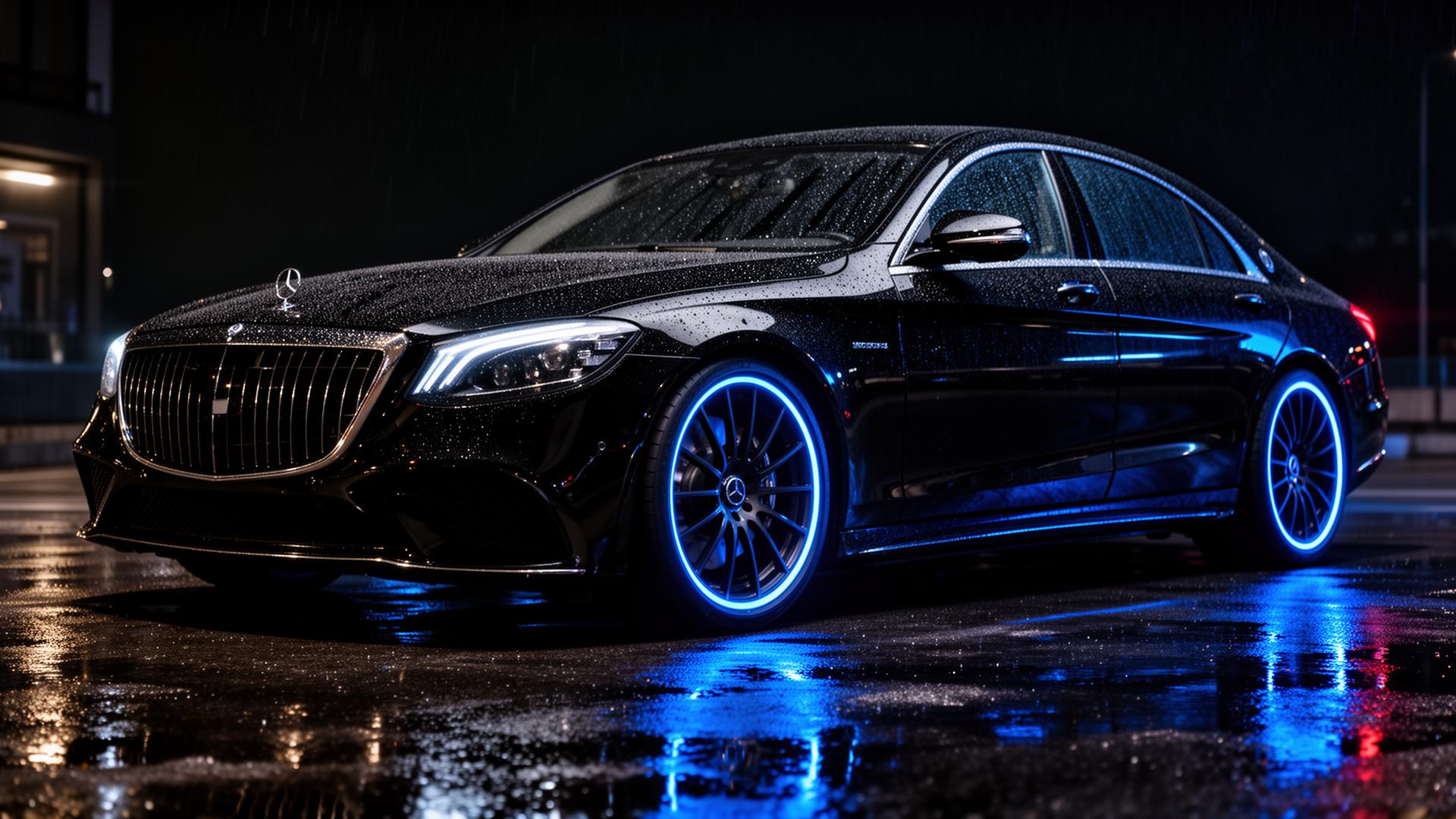 Luxury black sedan freshly detailed at night